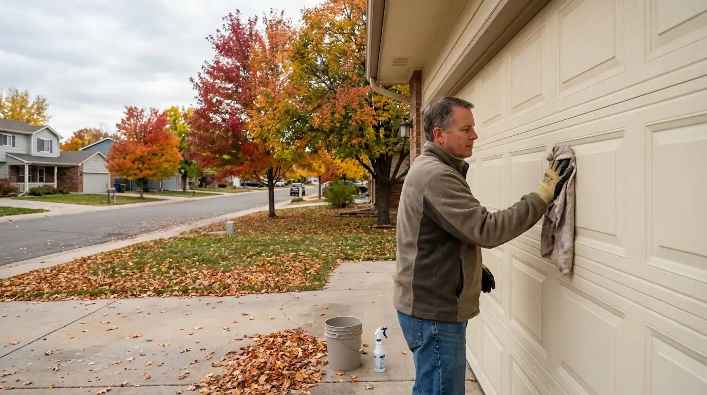 Cleaning garage door exterior in fall