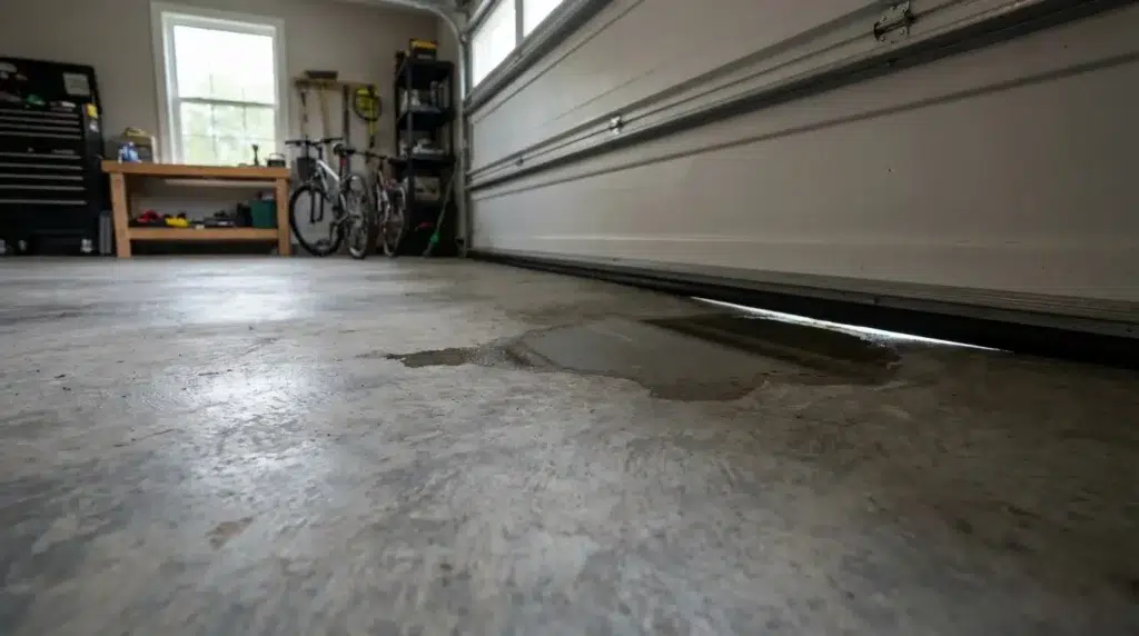 Concrete garage floor with subtle low spot collecting rainwater near closed garage door
