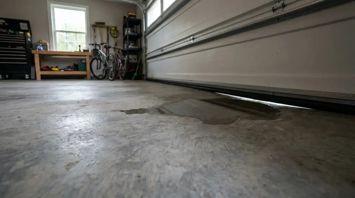 Concrete garage floor with subtle low spot collecting rainwater near closed garage door