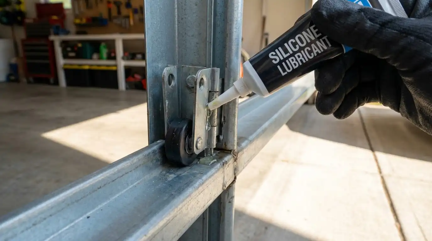 applying silicone lubricant to garage door track