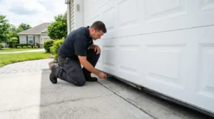 garage door technician kneeling and inspecting bottom seal of residential garage door
