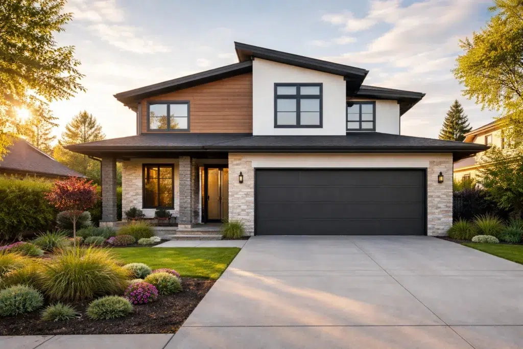 Modern suburban home with a large dark garage door, supported by a durable garage door spring system for smooth operation.