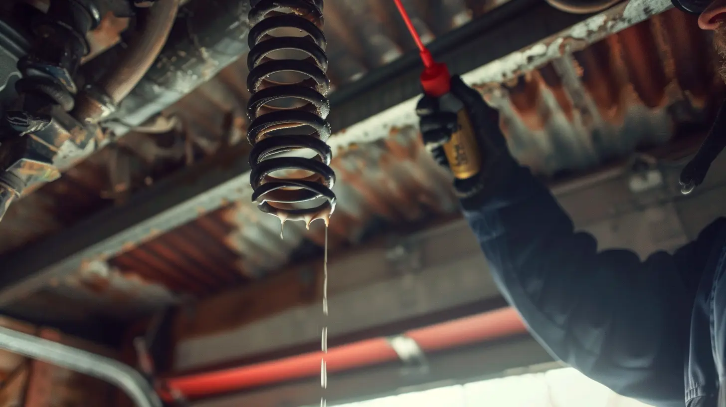 Technician applying lubricant to a garage door spring with visible oil dripping from the coil, highlighting maintenance and care of garage door springs