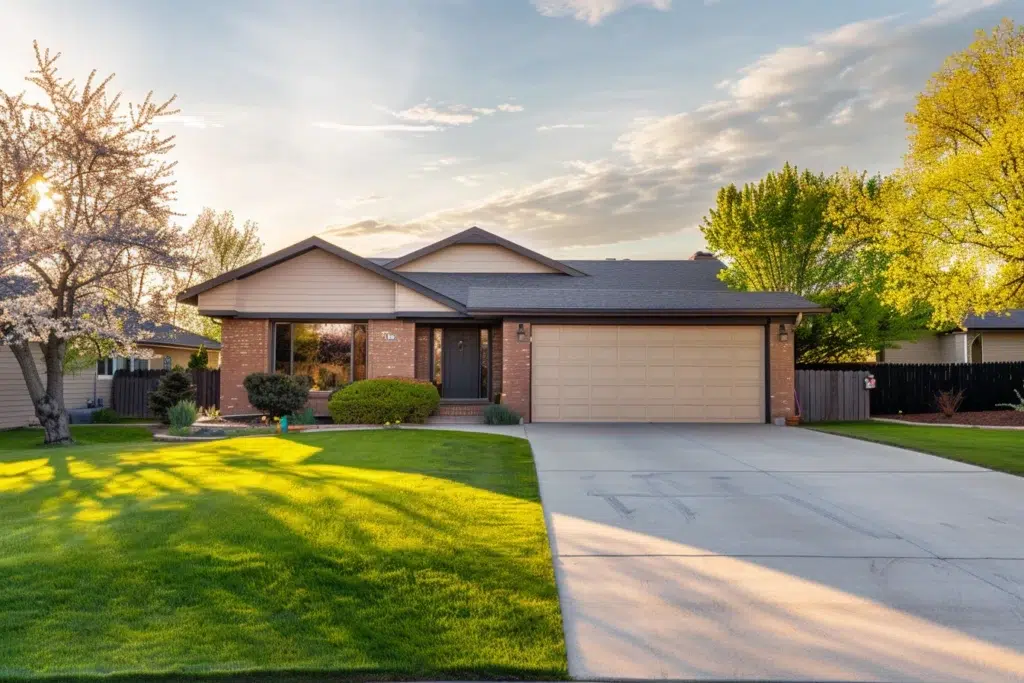 Suburban home in spring with a closed garage door, representing a typical system supported by garage door springs for smooth operation.