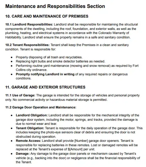 Example Lease showing garage door responsibility for a client