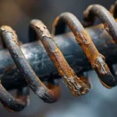 Close-up of snapped garage doors springs showing a visible gap, rust, and tension damage inside a residential garage