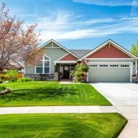 Spring garage door maintenance tips showcased on a sunny day in a well-kept suburban home, featuring a clean double garage door, fresh green lawn, blooming trees, and bright blue skies in a peaceful neighborhood setting.