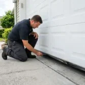 garage door technician kneeling and inspecting bottom seal of residential garage door